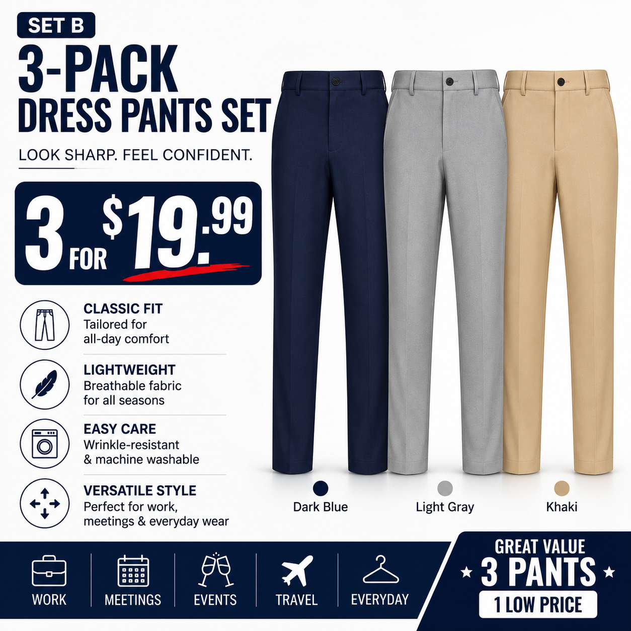 Men's Stretch Dress Pants – No Iron, Wrinkle-Resistant Business Casual Golf Pants with Expandable Waist