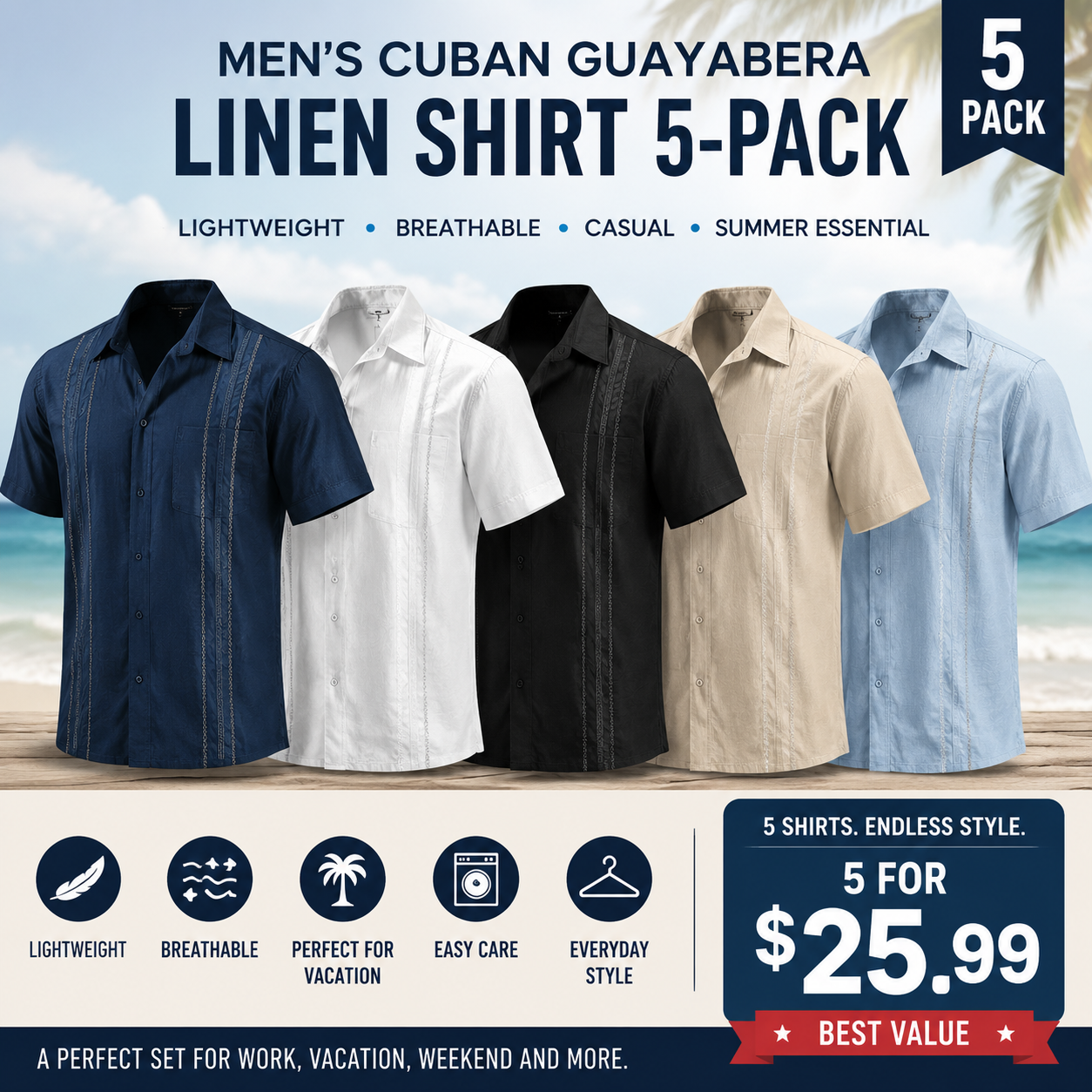 Men's Cuban Guayabera Shirt, Short Sleeve Linen Blend Button Down Summer Shirt, Lightweight Breathable Casual Beach