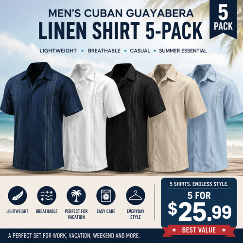 Men's Cuban Guayabera Shirt, Short Sleeve Linen Blend Button Down Summer Shirt, Lightweight Breathable Casual Beach