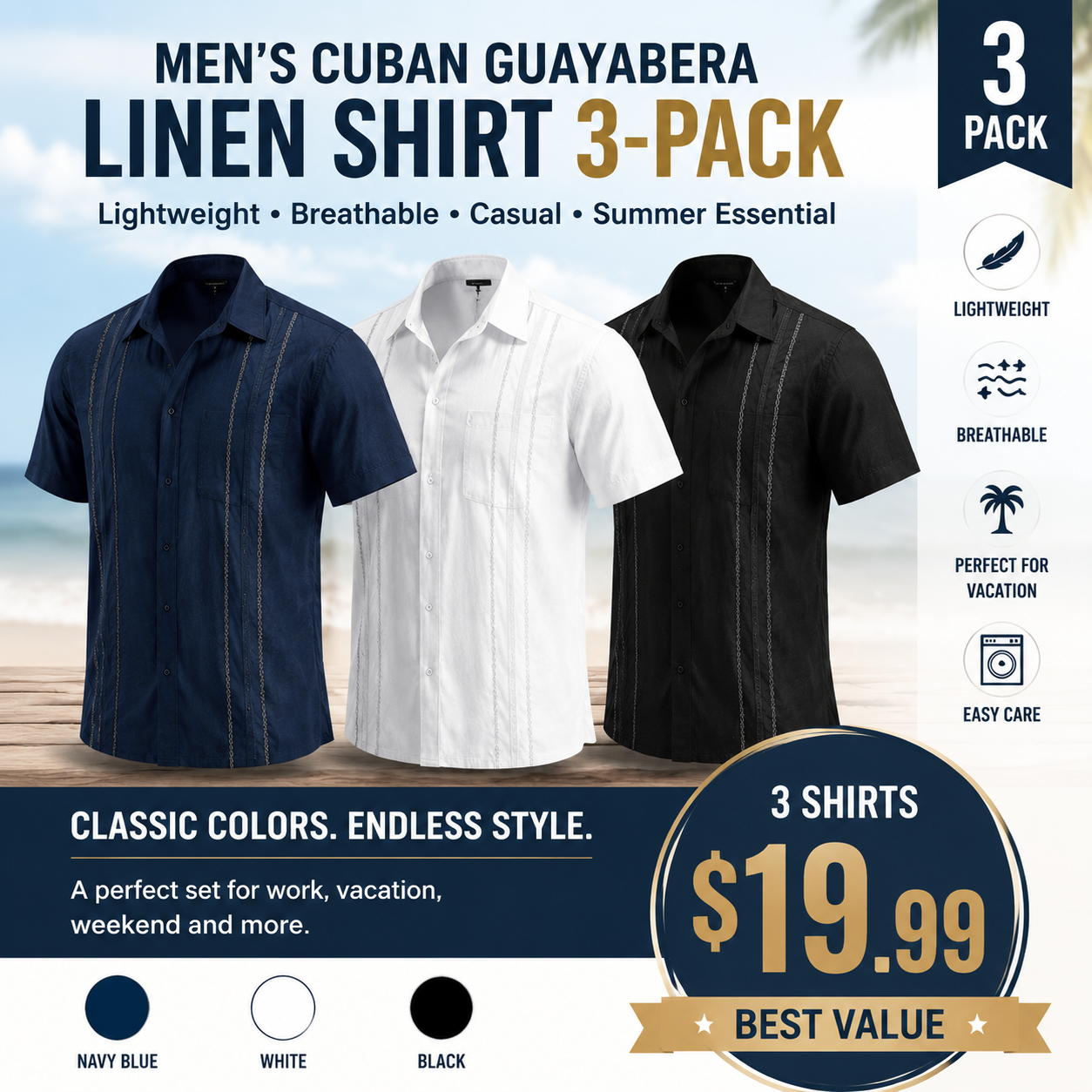 Men's Cuban Guayabera Shirt, Short Sleeve Linen Blend Button Down Summer Shirt, Lightweight Breathable Casual Beach