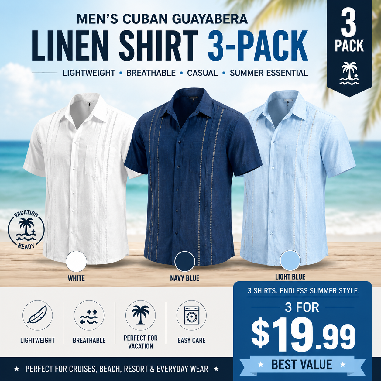 Men's Cuban Guayabera Shirt, Short Sleeve Linen Blend Button Down Summer Shirt, Lightweight Breathable Casual Beach