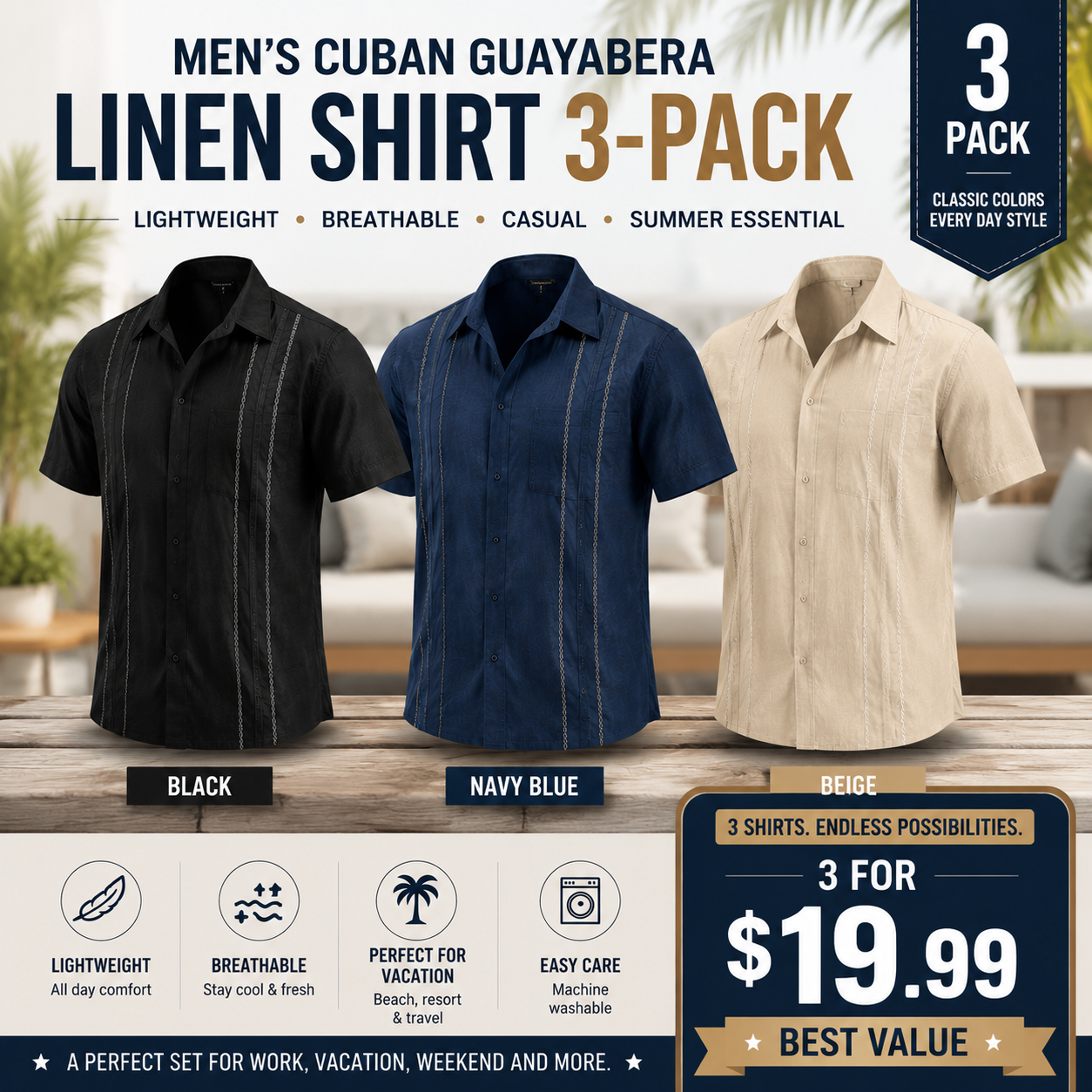 Men's Cuban Guayabera Shirt, Short Sleeve Linen Blend Button Down Summer Shirt, Lightweight Breathable Casual Beach