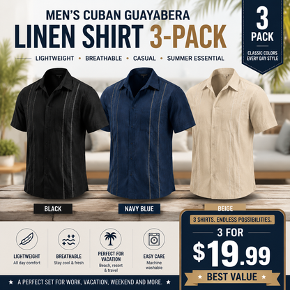 Men's Cuban Guayabera Shirt, Short Sleeve Linen Blend Button Down Summer Shirt, Lightweight Breathable Casual Beach