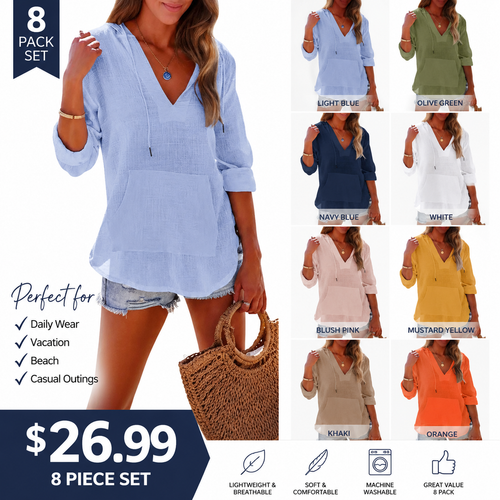 Women's Beach Cover Up Hoodie Long Sleeve V Neck Swim Coverup Shirt with Pocket Lightweight Hooded Tunic Top