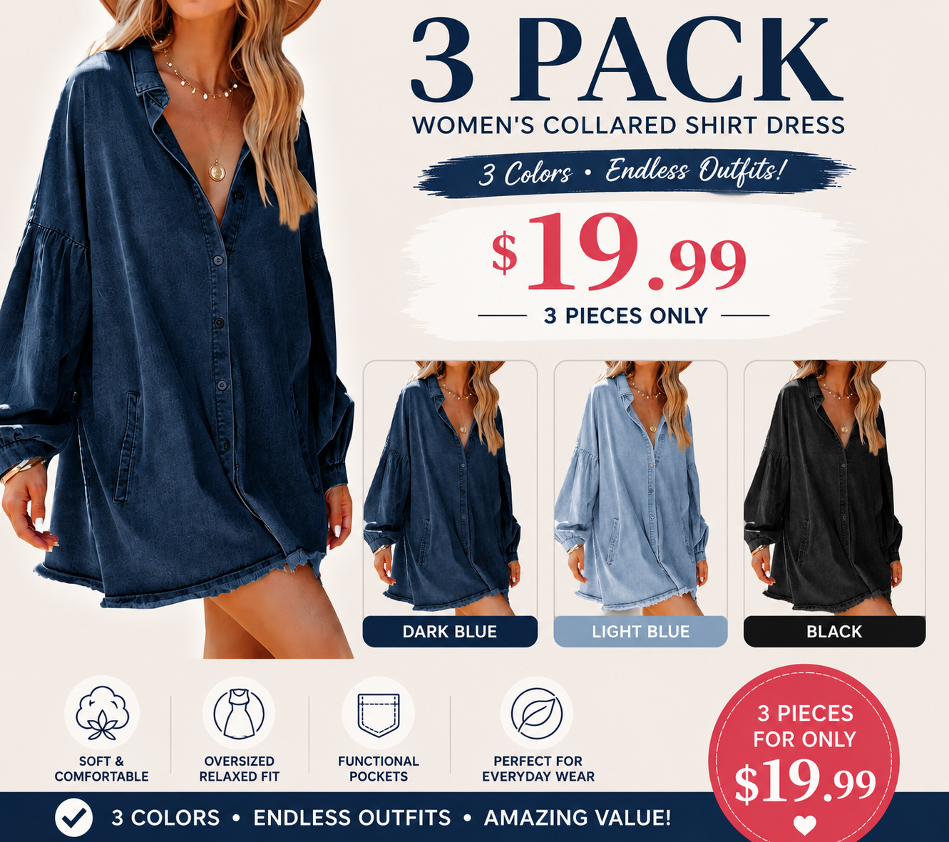 Women's Oversized Denim Shirt Dress Long Sleeve Button Down Mini Tunic Dress with Pockets Casual Loose Fit Jean Dress