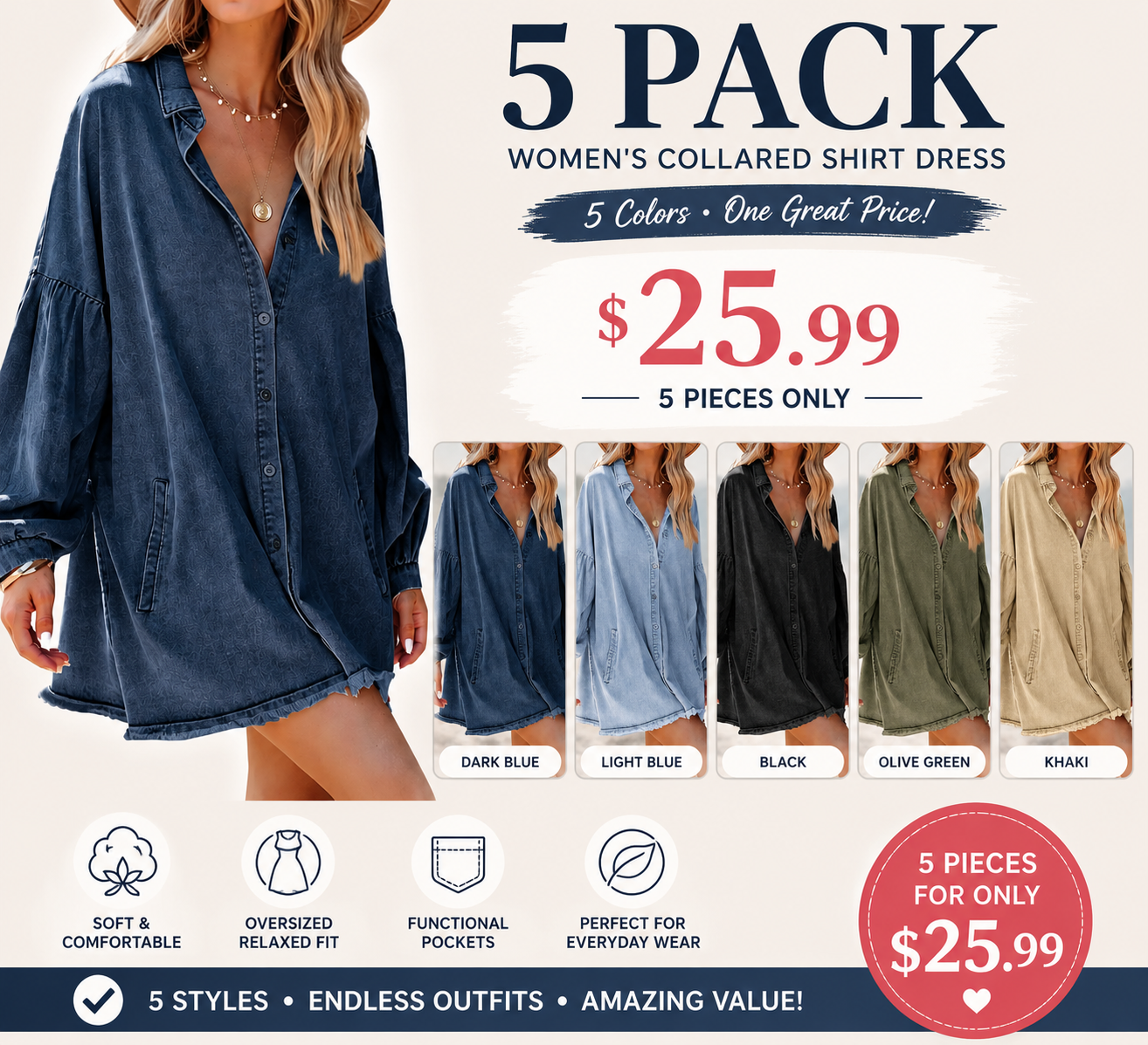 Women's Oversized Denim Shirt Dress Long Sleeve Button Down Mini Tunic Dress with Pockets Casual Loose Fit Jean Dress