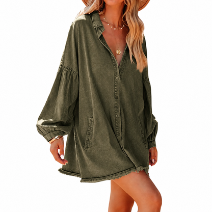 Women's Oversized Denim Shirt Dress Long Sleeve Button Down Mini Tunic Dress with Pockets Casual Loose Fit Jean Dress