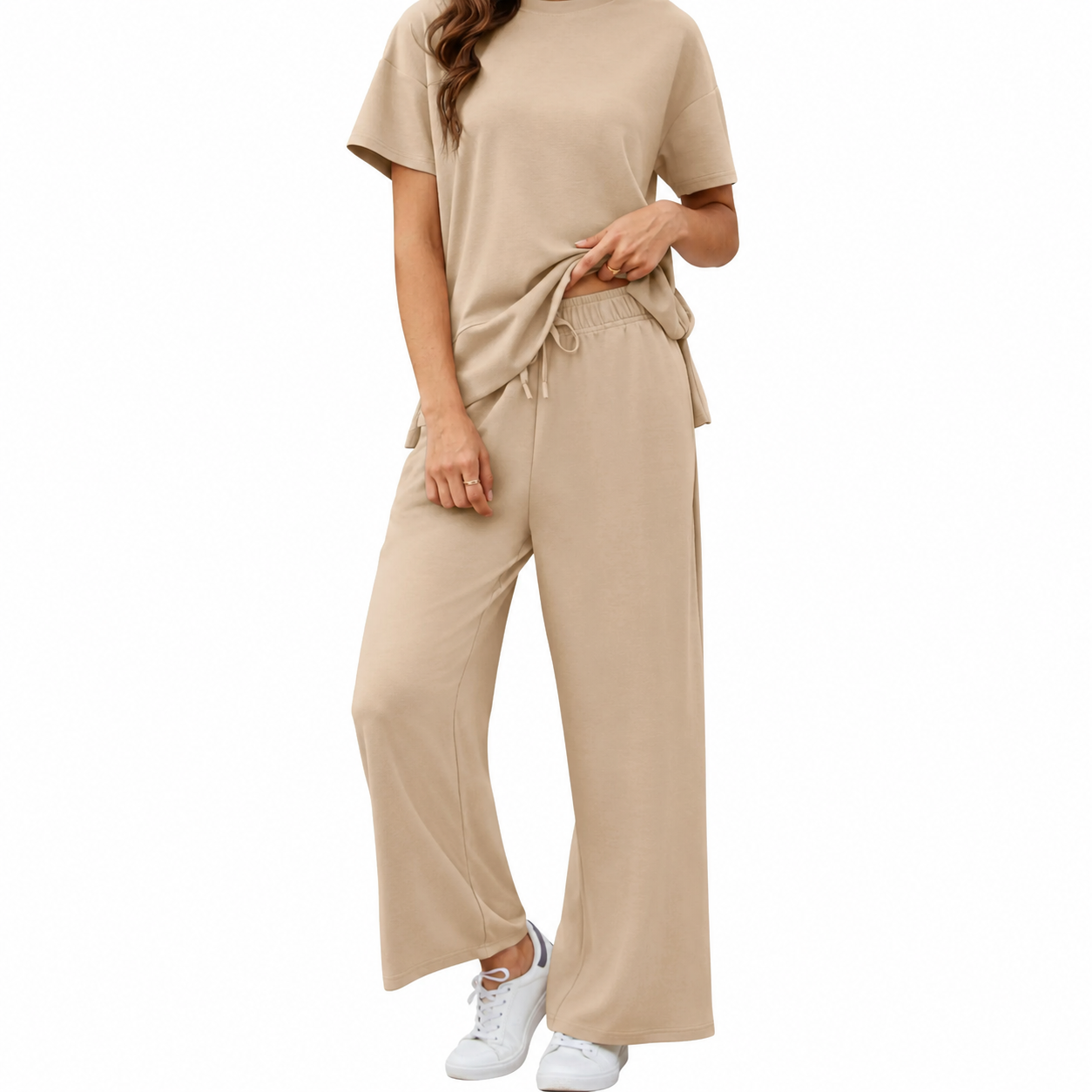 Women's 2 Piece Lounge Set – Short Sleeve Top & Wide Leg Pants Casual Matching Outfit