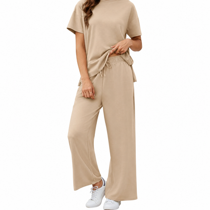 Women's 2 Piece Lounge Set – Short Sleeve Top & Wide Leg Pants Casual Matching Outfit