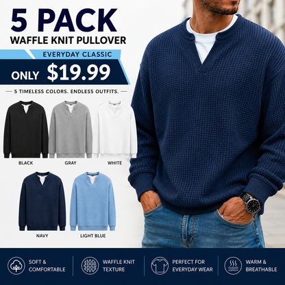 Men's Layered Comfort Waffle Knit Pullover Soft Thermal Long Sleeve Sweater