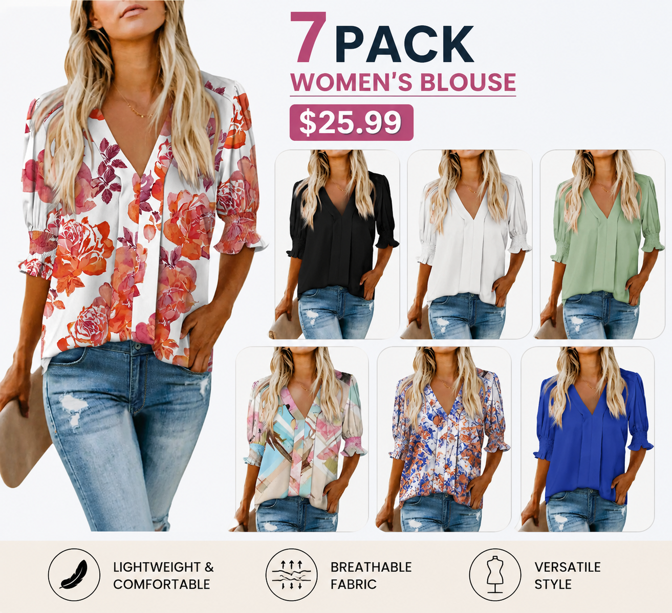 Women's Lightweight Floral Blouse 🌸 Cute V-Neck Ruffle Sleeve Summer Top