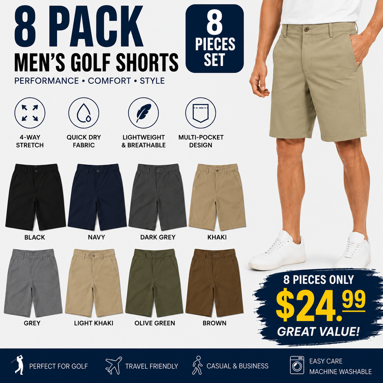 Men's 9" Golf Shorts Quick-Dry Stretch Lightweight Casual Work Shorts with 3 Pockets