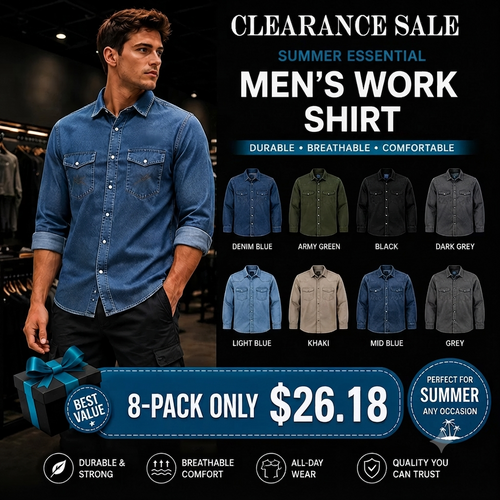 ✨Hot Sale✨Men's Long Sleeve Stone-Washed and Pre-Washed Denim Work Shirt