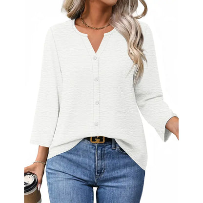 Women's V-Neck Button-Down Blouse ✨ 3/4 Sleeve Loose Fit Business Casual Top