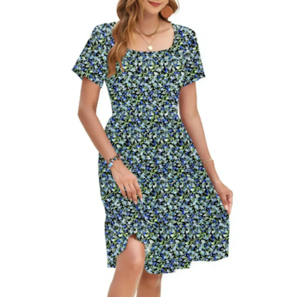 Women Square Neck Floral Print Ruffle Hem Empire Waist A-Line Dress with Pockets