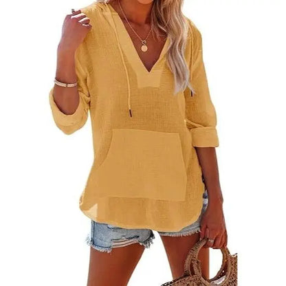 Women's Beach Cover Up Hoodie Long Sleeve V Neck Swim Coverup Shirt with Pocket Lightweight Hooded Tunic Top