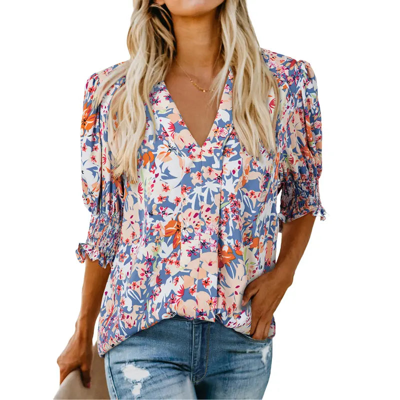Women's Lightweight Floral Blouse 🌸 Cute V-Neck Ruffle Sleeve Summer Top