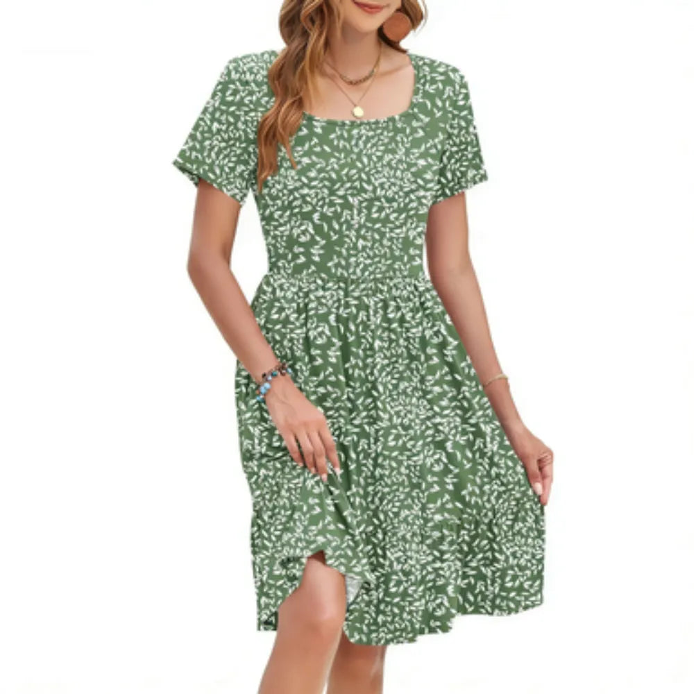 Women Square Neck Floral Print Ruffle Hem Empire Waist A-Line Dress with Pockets
