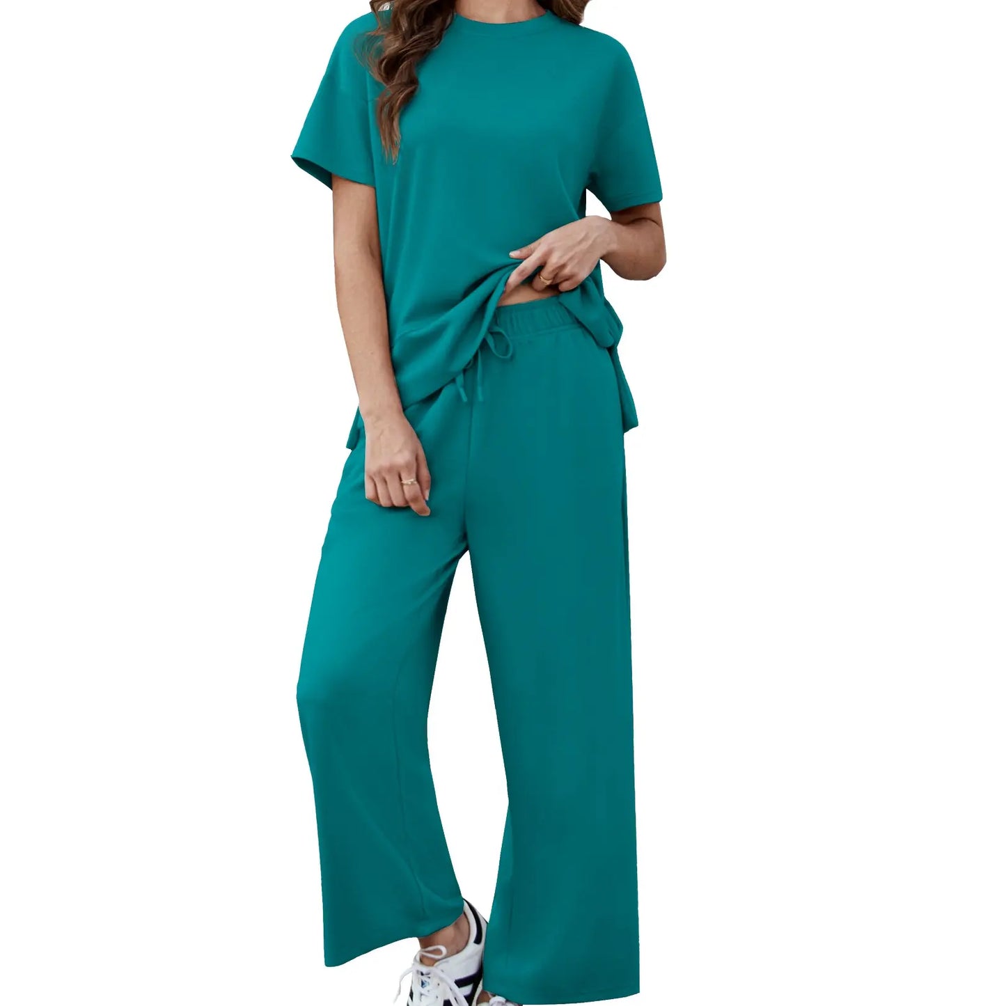 Women's 2 Piece Lounge Set – Short Sleeve Top & Wide Leg Pants Casual Matching Outfit