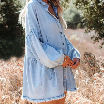 Women's Oversized Denim Shirt Dress Long Sleeve Button Down Mini Tunic Dress with Pockets Casual Loose Fit Jean Dress