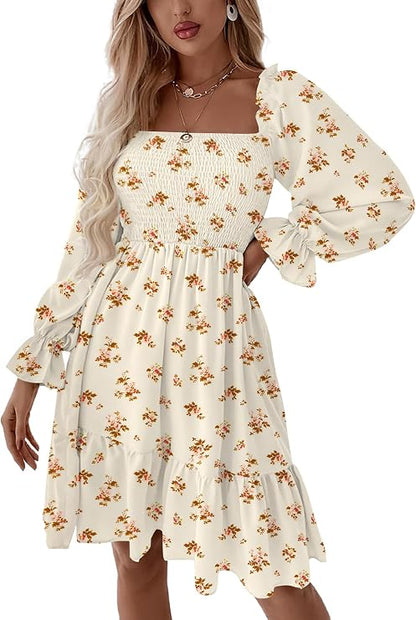 Women's Shirred Mini Dress ✨ Square Neck Lantern Sleeve Flowy A-Line Dress with Flattering Fit