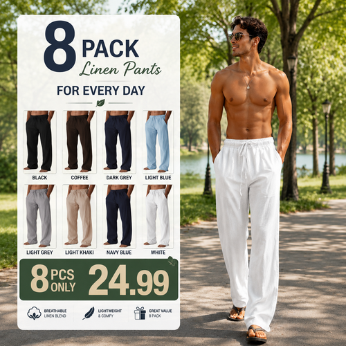 Men's Cotton Linen Pants ✨ Lightweight Wide Leg Casual Beach Pants with Elastic Waist & Pockets