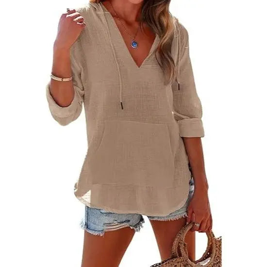 Women's Beach Cover Up Hoodie Long Sleeve V Neck Swim Coverup Shirt with Pocket Lightweight Hooded Tunic Top