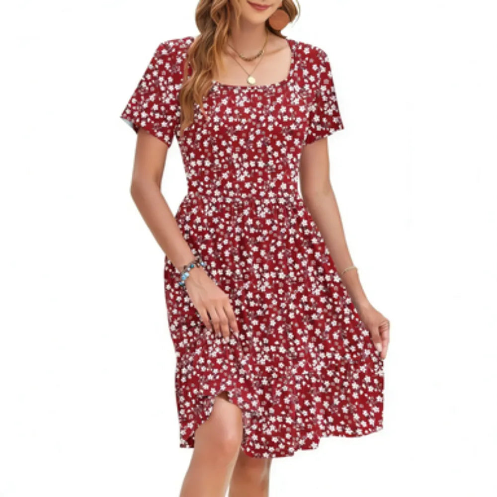 Women Square Neck Floral Print Ruffle Hem Empire Waist A-Line Dress with Pockets