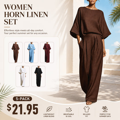 Women's Linen 2-Piece Set ✨ Elegant Bell Sleeve Top & Casual Summer Outfit