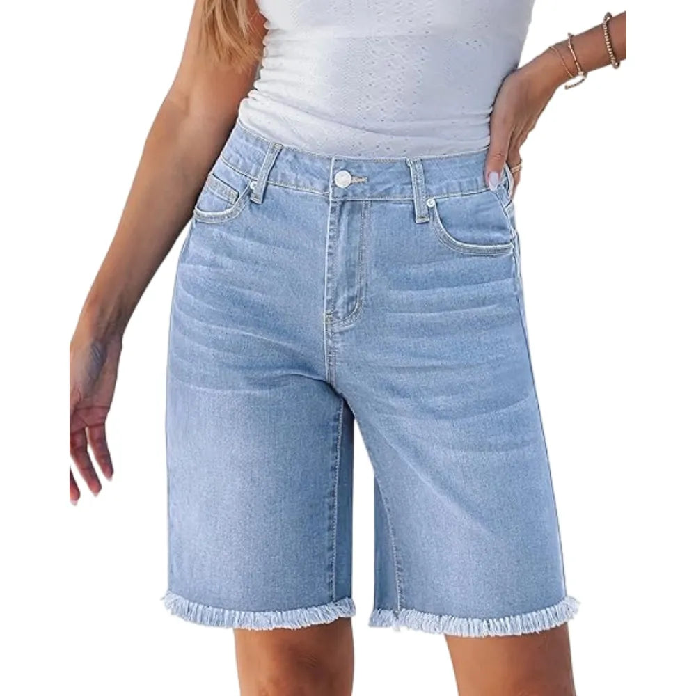 Jean Bermuda Shorts for Women Trendy Mid Rise Raw Hem Knee Length Stretchy Denim Long Shorts