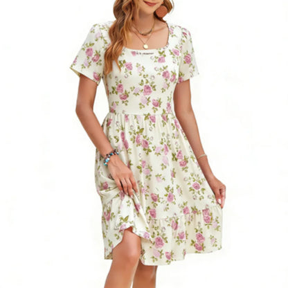 Women Square Neck Floral Print Ruffle Hem Empire Waist A-Line Dress with Pockets