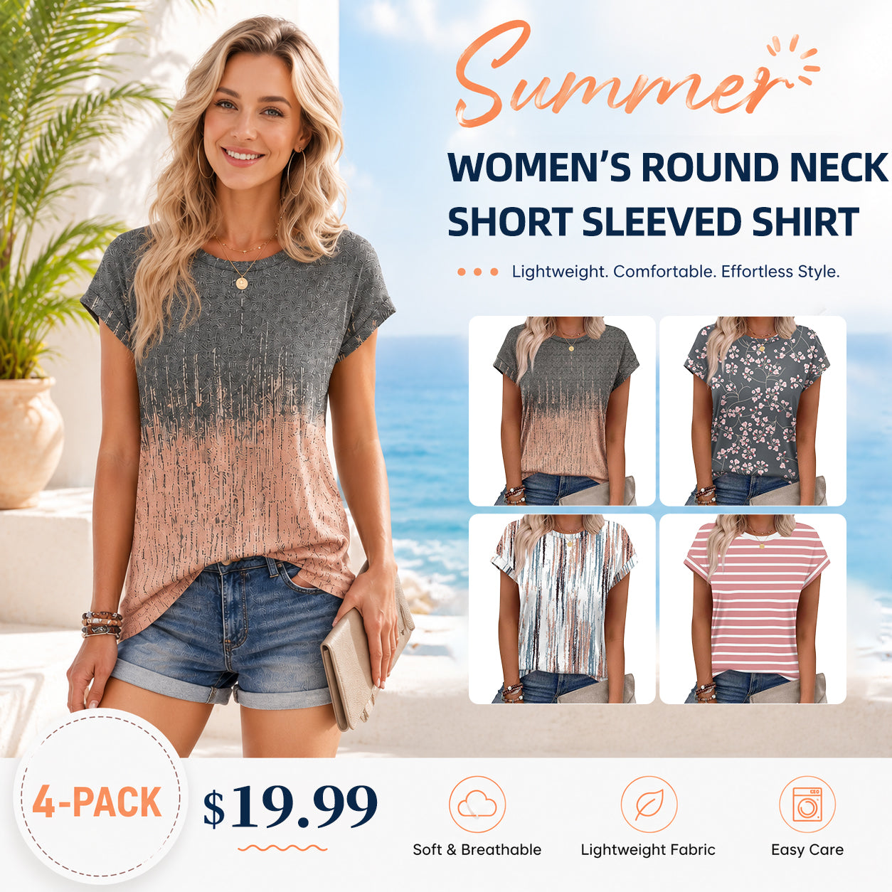 Women’s Summer Tops Short Sleeve Crew Neck Tunic Blouses, Cute Trendy Casual Shirts