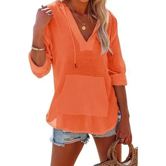 Women's Beach Cover Up Hoodie Long Sleeve V Neck Swim Coverup Shirt with Pocket Lightweight Hooded Tunic Top