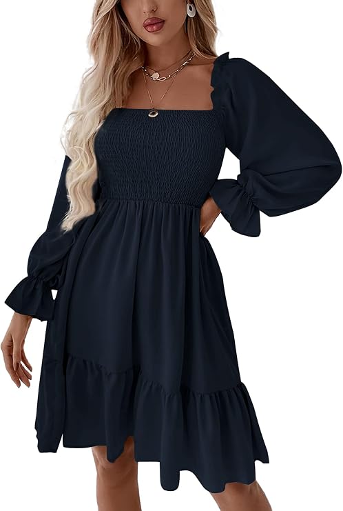 Women's Shirred Mini Dress ✨ Square Neck Lantern Sleeve Flowy A-Line Dress with Flattering Fit