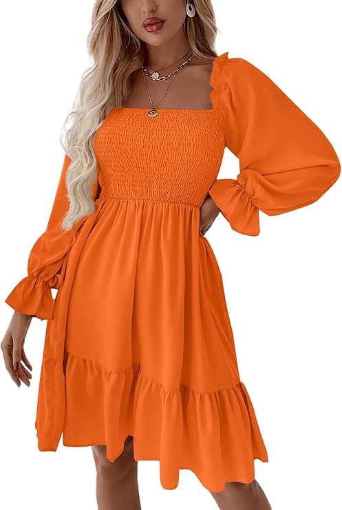 Women's Shirred Mini Dress ✨ Square Neck Lantern Sleeve Flowy A-Line Dress with Flattering Fit