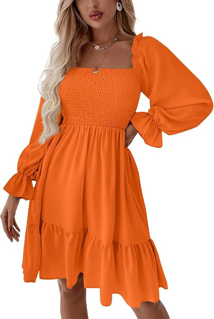 Women's Shirred Mini Dress ✨ Square Neck Lantern Sleeve Flowy A-Line Dress with Flattering Fit