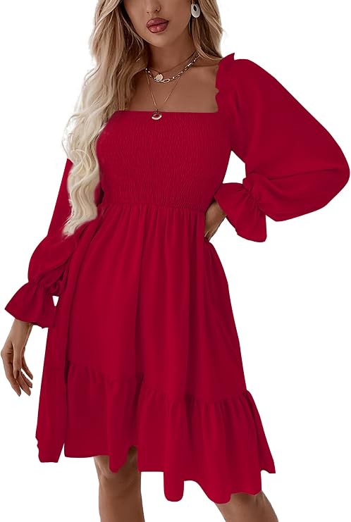 Women's Shirred Mini Dress ✨ Square Neck Lantern Sleeve Flowy A-Line Dress with Flattering Fit