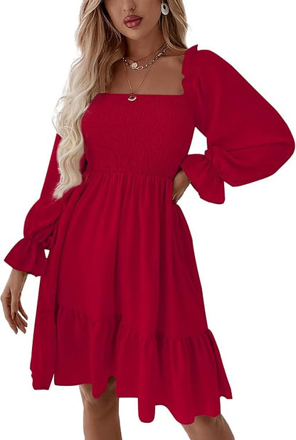 Women's Shirred Mini Dress ✨ Square Neck Lantern Sleeve Flowy A-Line Dress with Flattering Fit