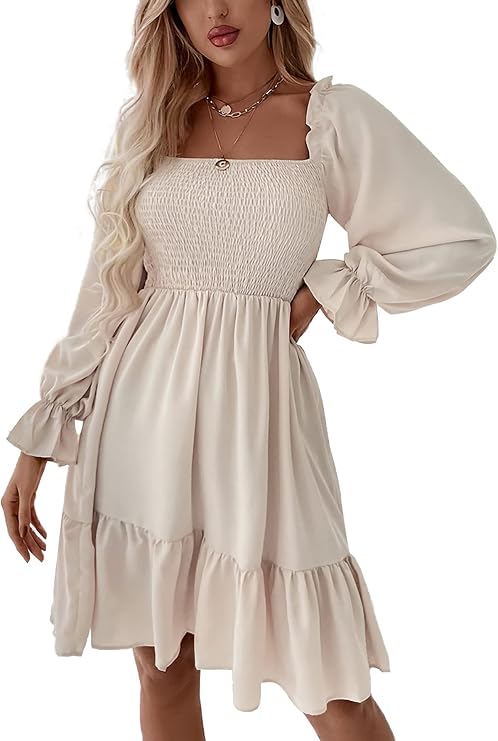 Women's Shirred Mini Dress ✨ Square Neck Lantern Sleeve Flowy A-Line Dress with Flattering Fit