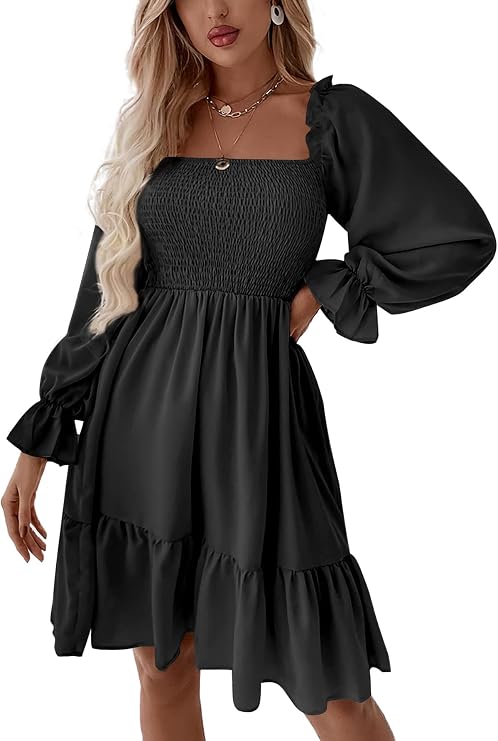 Women's Shirred Mini Dress ✨ Square Neck Lantern Sleeve Flowy A-Line Dress with Flattering Fit