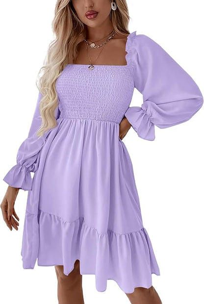 Women's Shirred Mini Dress ✨ Square Neck Lantern Sleeve Flowy A-Line Dress with Flattering Fit
