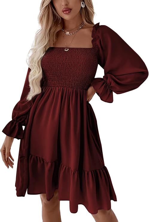 Women's Shirred Mini Dress ✨ Square Neck Lantern Sleeve Flowy A-Line Dress with Flattering Fit