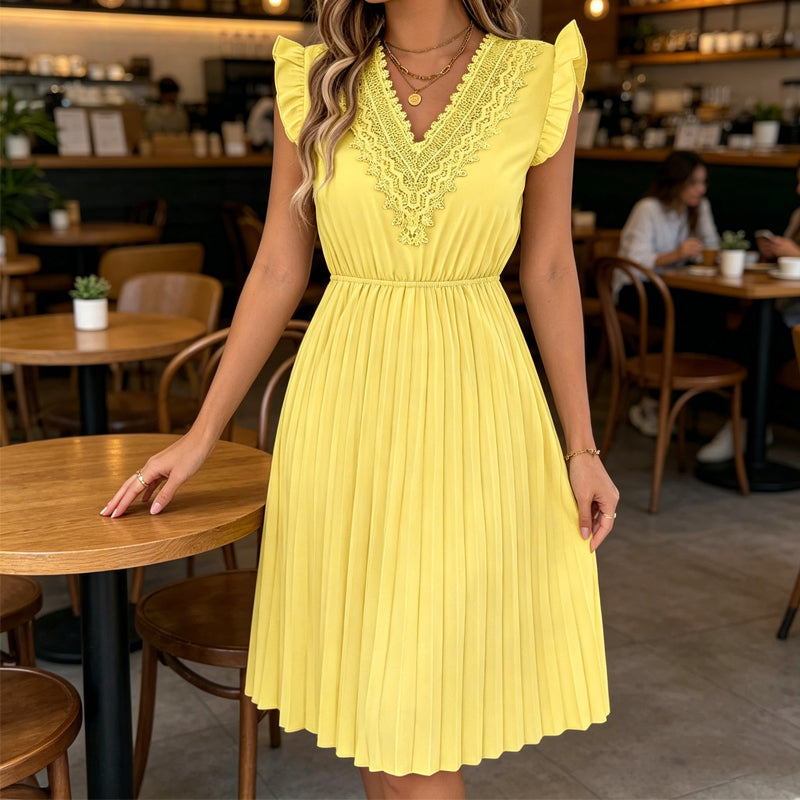 Women's Lace V-Neck Ruffle Sleeve Pleated Midi Dress