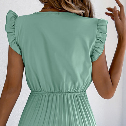 Women's Lace V-Neck Ruffle Sleeve Pleated Midi Dress