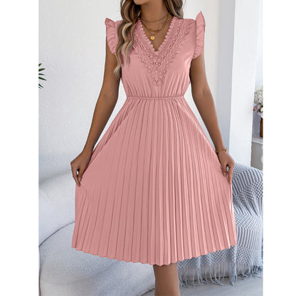 Women's Lace V-Neck Ruffle Sleeve Pleated Midi Dress