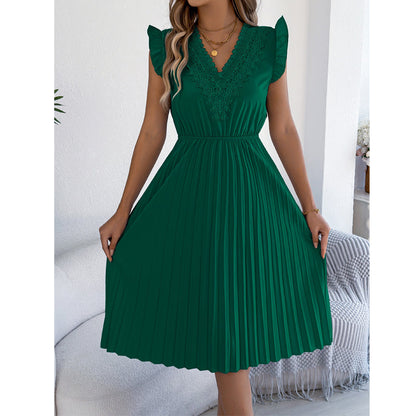 Women's Lace V-Neck Ruffle Sleeve Pleated Midi Dress