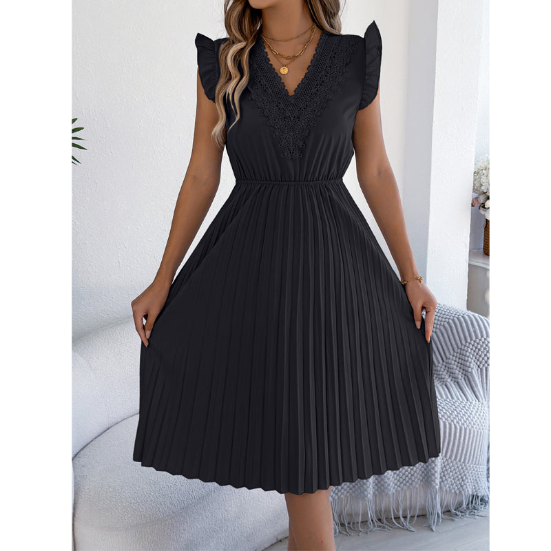 Women's Lace V-Neck Ruffle Sleeve Pleated Midi Dress
