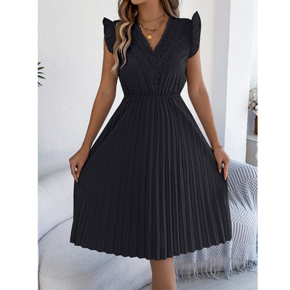 Women's Lace V-Neck Ruffle Sleeve Pleated Midi Dress