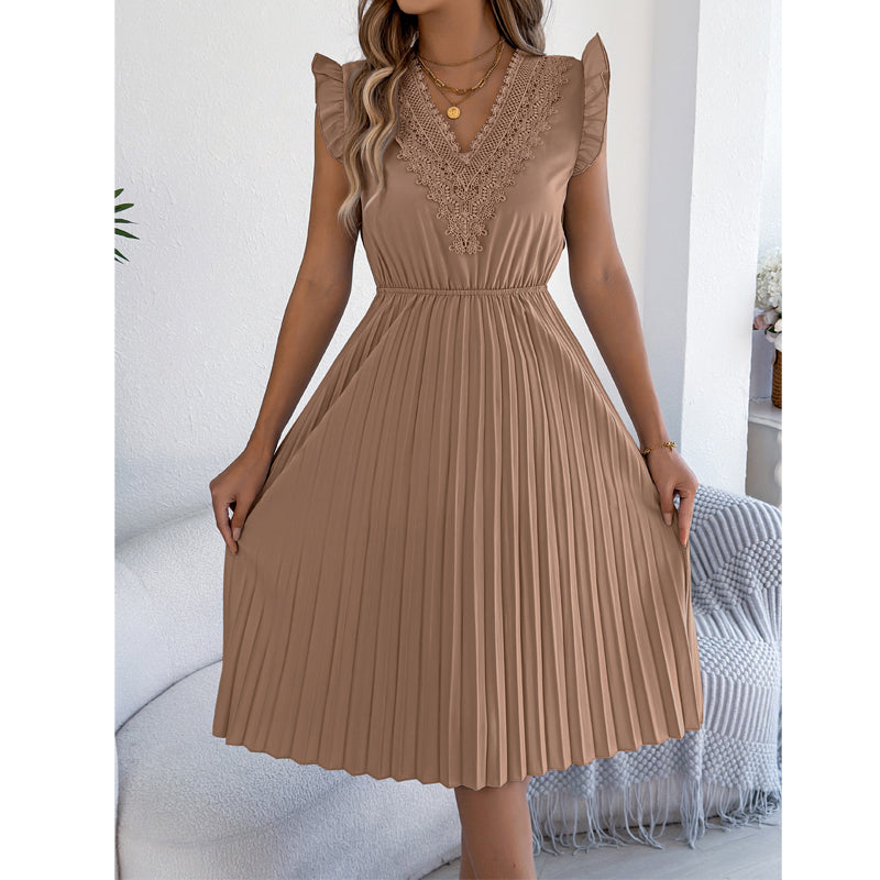 Women's Lace V-Neck Ruffle Sleeve Pleated Midi Dress