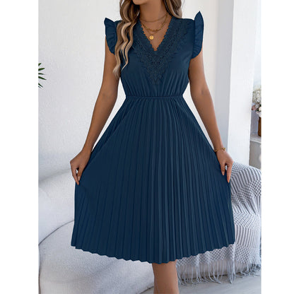 Women's Lace V-Neck Ruffle Sleeve Pleated Midi Dress